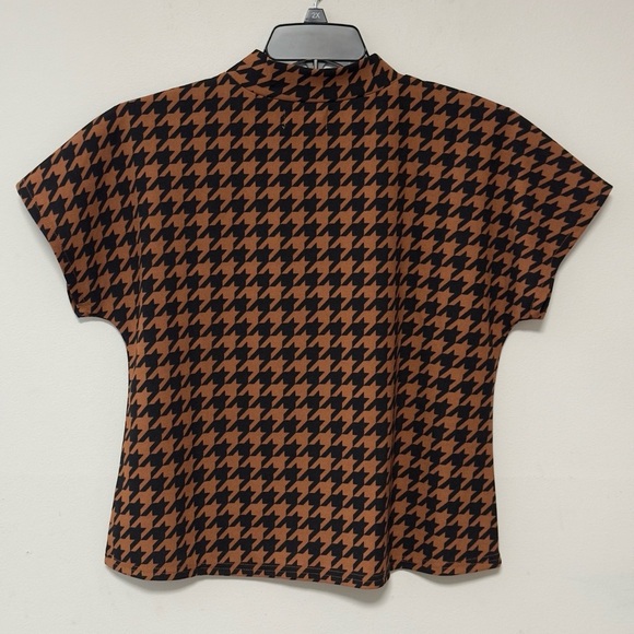 Melloday Womens Brown Short Sleeve Blouse Black Houndstooth Pattern - Picture 3 of 9